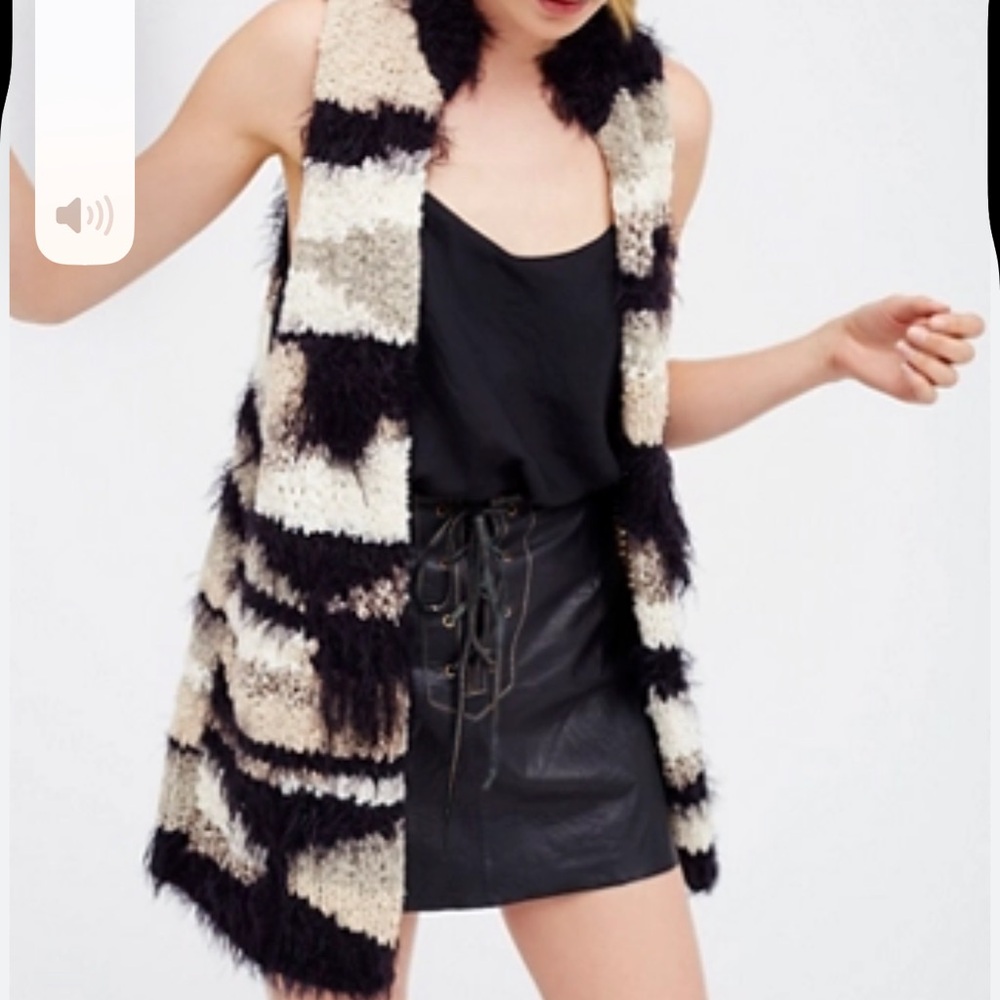 Free People Picture Perfect Shaggy Black Beige Striped Boho Layering Vest M